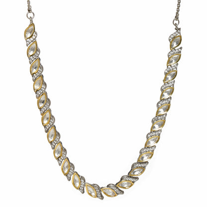 Leaf Shaped Neckpiece in Dual Tone Kundan and American Diamonds (Silver) - Ruby Raang - Distacart