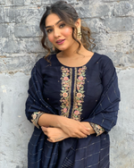 Thumbnail for The52 Blue Women's Gorgeous Embroidered Viscose Chanderi Fabric Straight Kurta Pant with Dupatta Set - Distacart