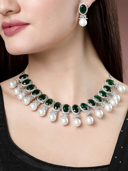 NVR Women's Silver-Plated Green American Diamond Studded Handcrafted Jewellery Set - Distacart