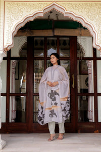 Thumbnail for Vaasva Women Grey Tabby Slik Print & Embroidered Kurta, Pant & Dupatta Straight - Distacart
