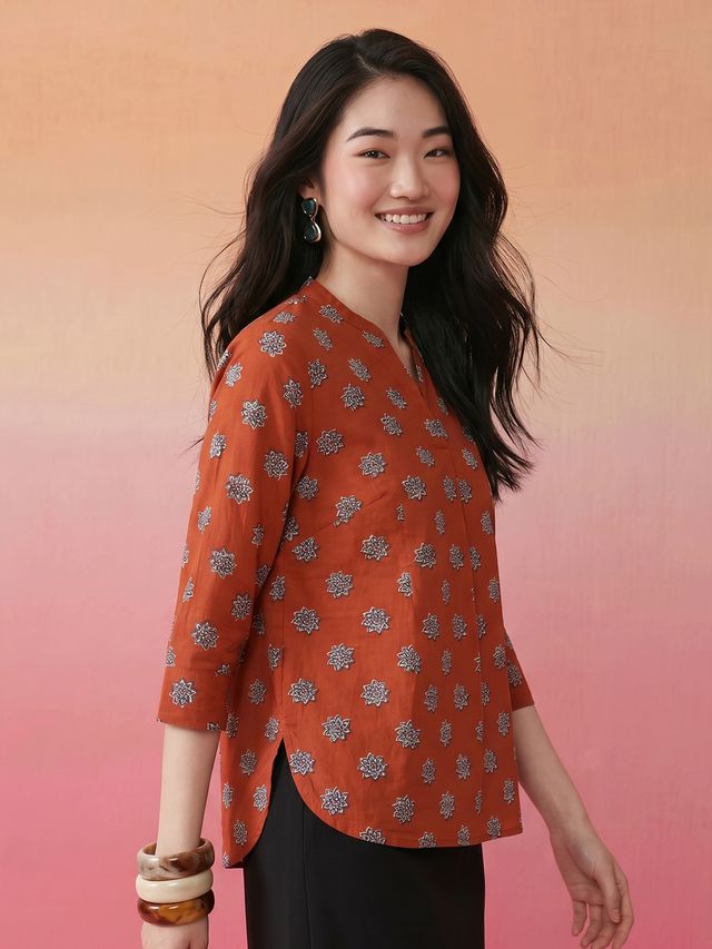 Janasya Rust A-Line Cotton Top - Dista