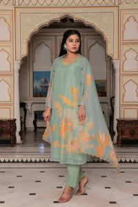 Thumbnail for Vaasva Women Teal Green Tabby Slik Print & Embroidered Kurta, Pant & Dupatta set - Distacart