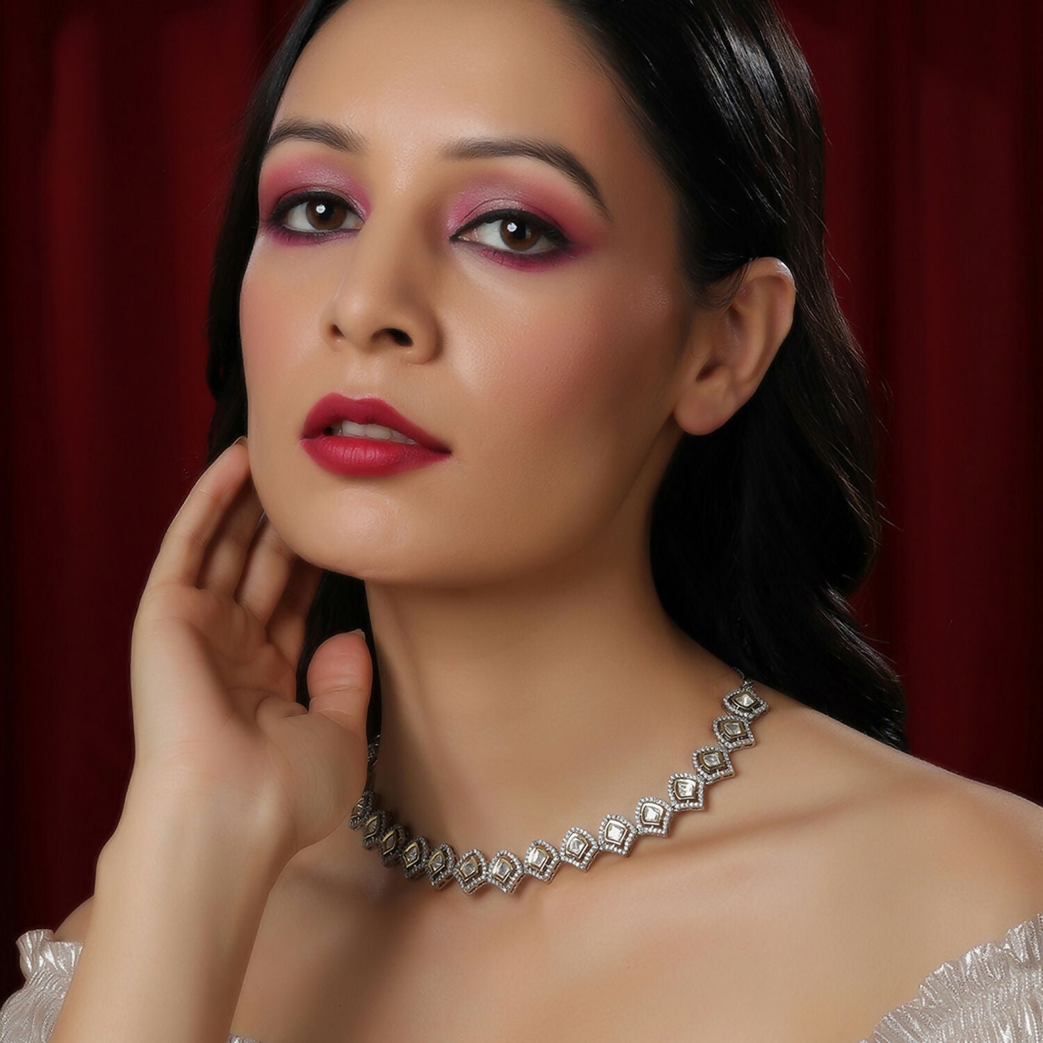 Silver Kundan and American Diamond Neckpiece (Silver) - Ruby Raang - Distacart