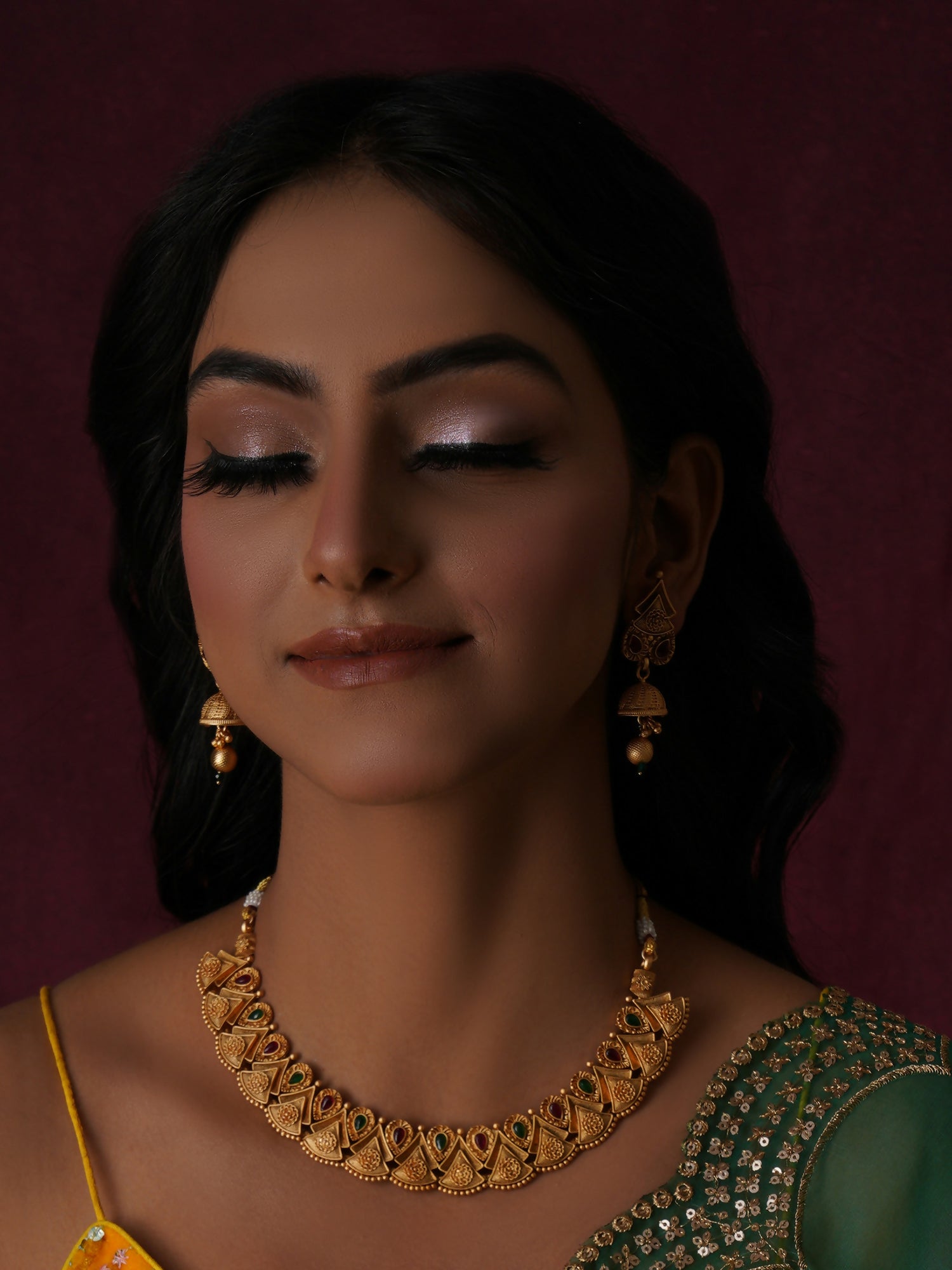 Temple Choker with Matching Jhumki Jewellery Set (Gold) - Ruby Raang - Distacart