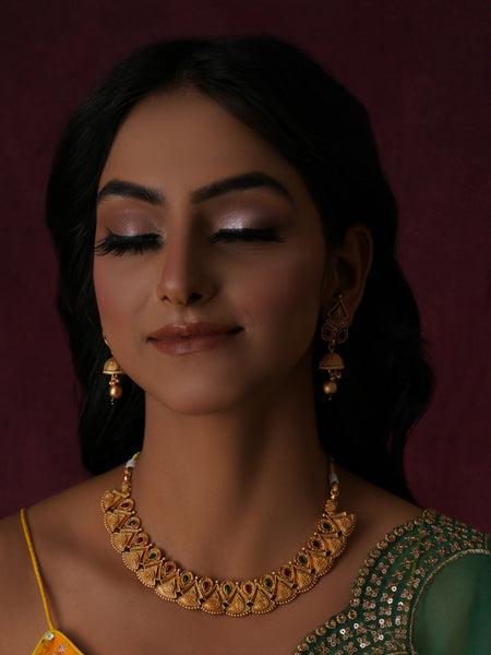 Temple Choker with Matching Jhumki Jewellery Set (Gold) - Ruby Raang - Distacart