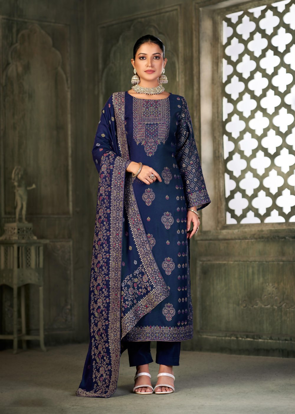 Blue Viscose Pasmina Mina Work Kurta & Bottom with Dupatta - Paridhi - Distacart