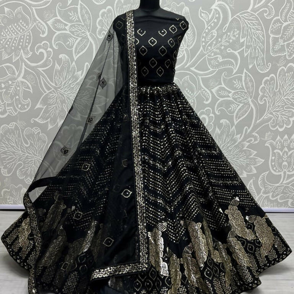 Jyoti Fashion Women's Black Bridal Net Fancy Foil & Sequins with Multi Thread Embroidered Wedding Lehenga Choli - Distacart