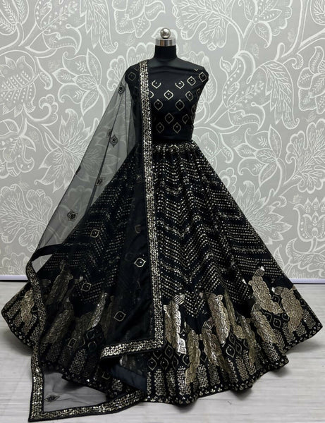Jyoti Fashion Women's Black Bridal Net Fancy Foil & Sequins with Multi Thread Embroidered Wedding Lehenga Choli - Distacart