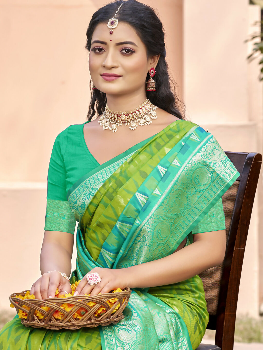 Shree Shyam Fashion Rama Green Pochampally Silk Saree - Distacart