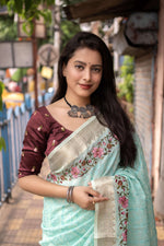 Thumbnail for Blue Pure Linen Woven Design Saree with Unstitched Blouse - Hiral Fashion - Distacart