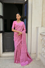Thumbnail for Vishnu Weaves Women's Baby-Pink Handloom Raw Silk Saree with Blouse - Distacart