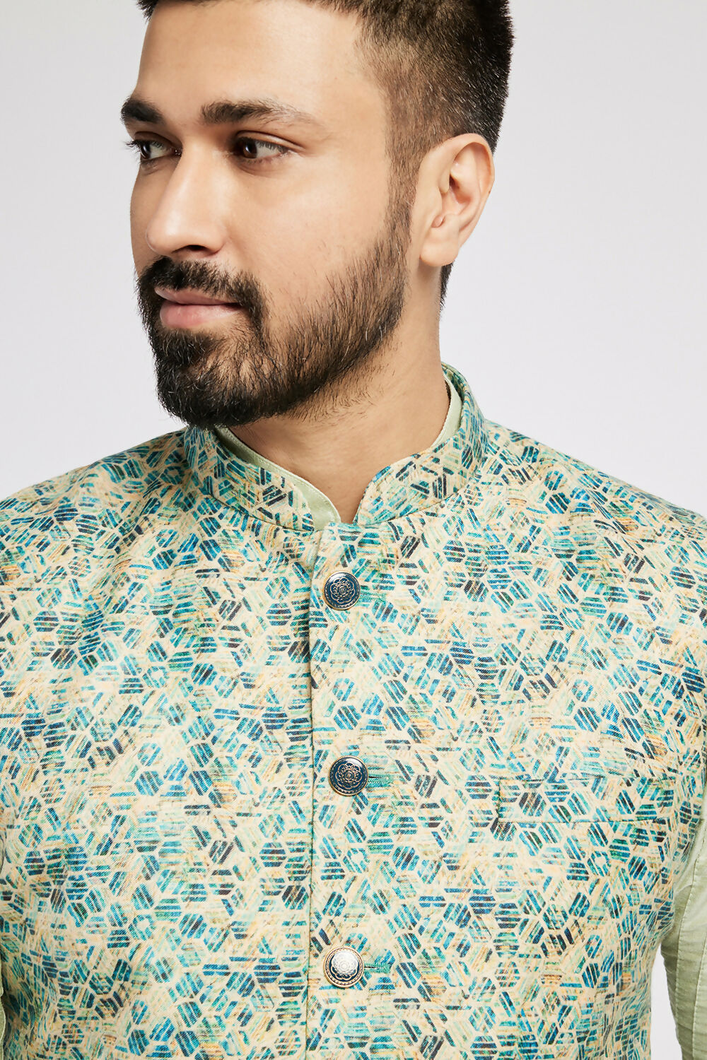 Ethnic India Blue Bundi Men's Jacket Geometric Polyester - Distacart