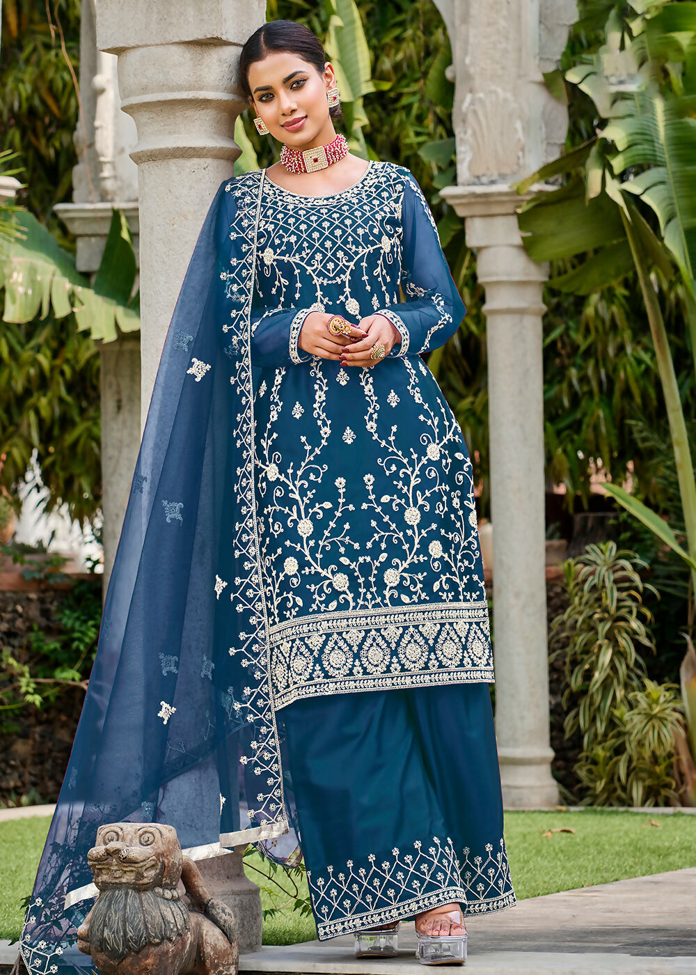 Prussian Blue Stone & Cording Work Festive Palazzo Suit - Emponline - Distacart