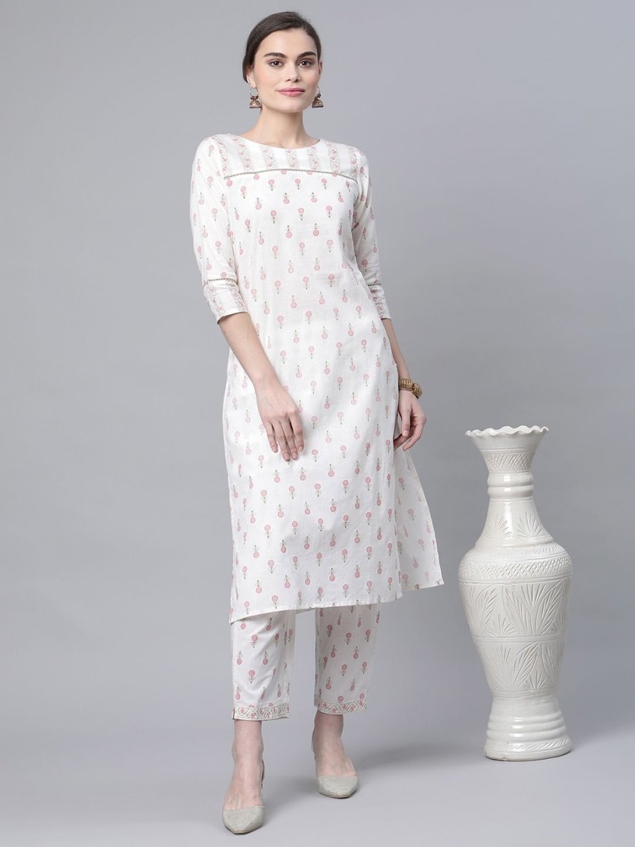 Ahalyaa Women White Pure Cotton Printed Kurta Pant Set