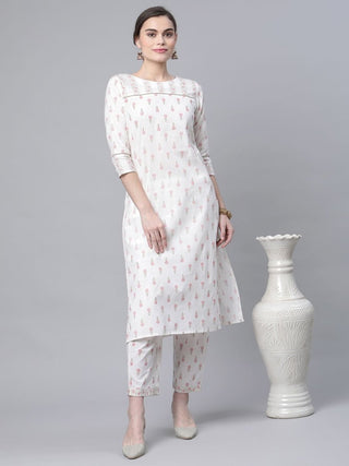 Ahalyaa Women White Pure Cotton Printed Kurta Pant Set