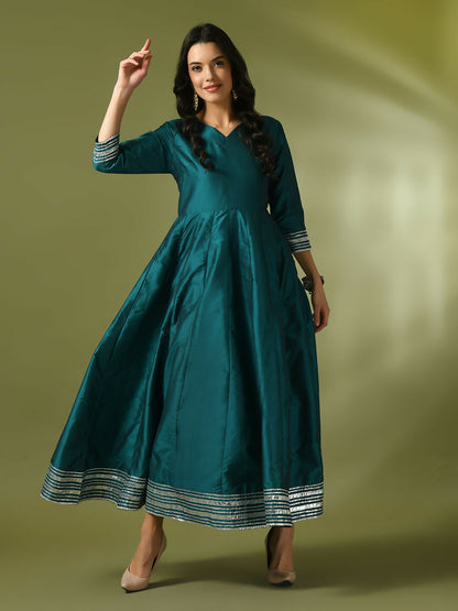 Myshka Women's Teal Solid Silk Anarkali Party Kurta - Distacart
