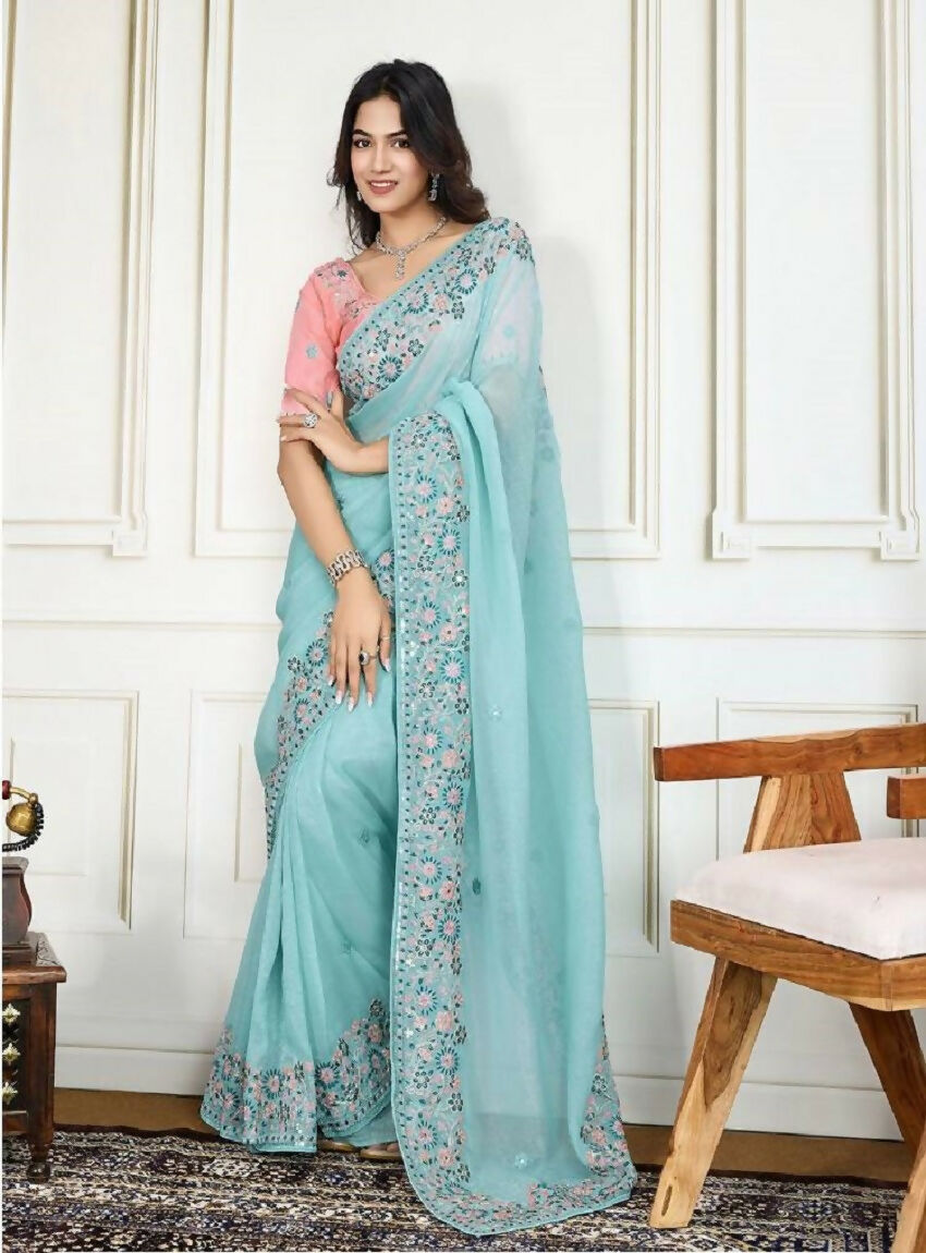 Teeya Creation New Trendy Stylish Wedding Wear Crunchy Silk Saree-Aqua_Blue - Dista