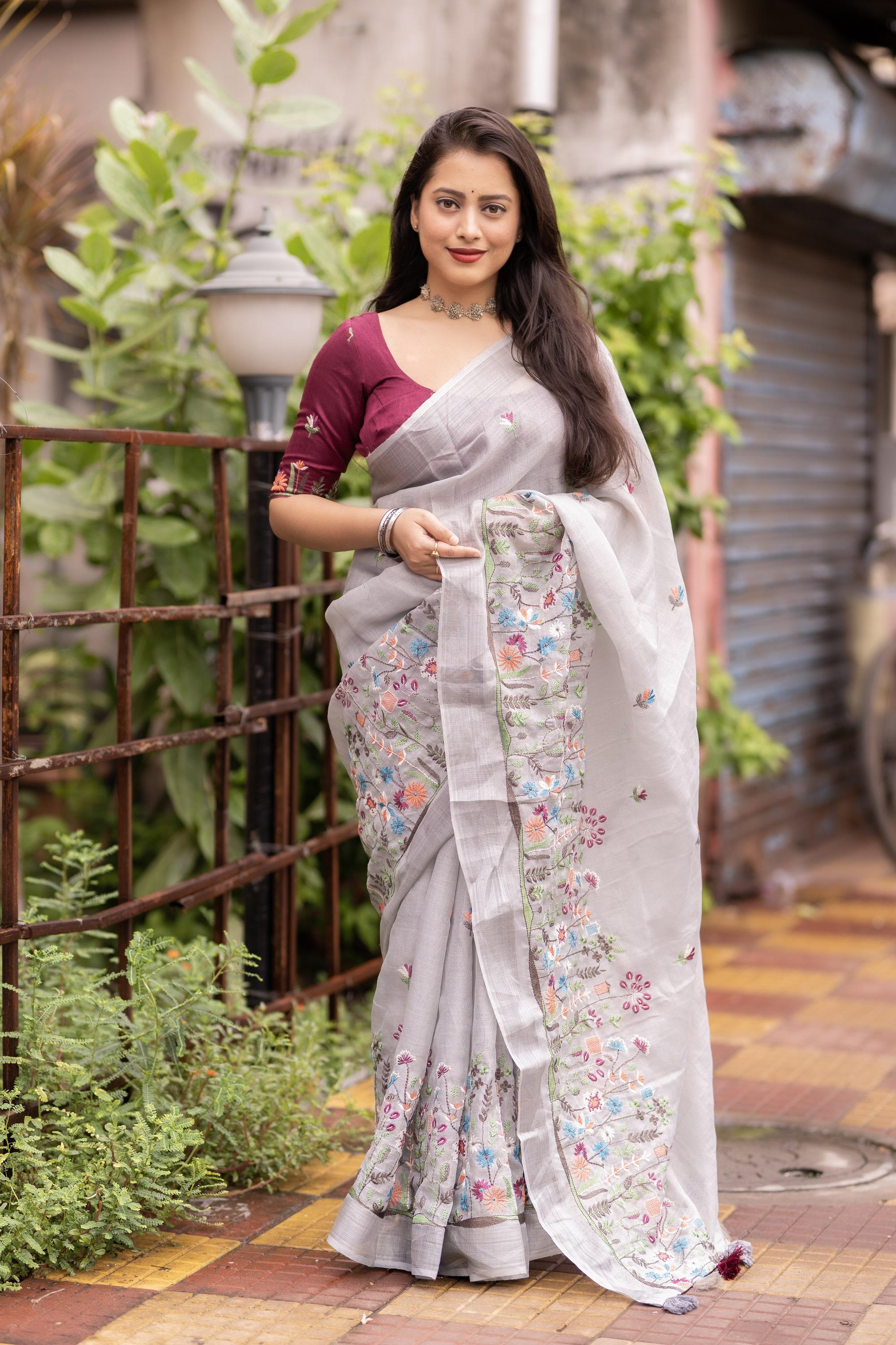Grey Pure Linen Ethnic Motifs Saree with Unstitched Blouse - A2M - Distacart
