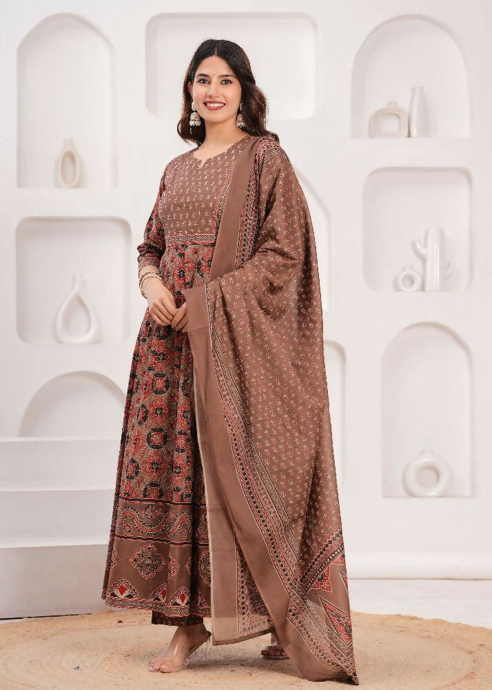 Jaimini Women Cotton Printed Round Neck Calf Length Flared Kurta Pant And Dupatta Set - Dista