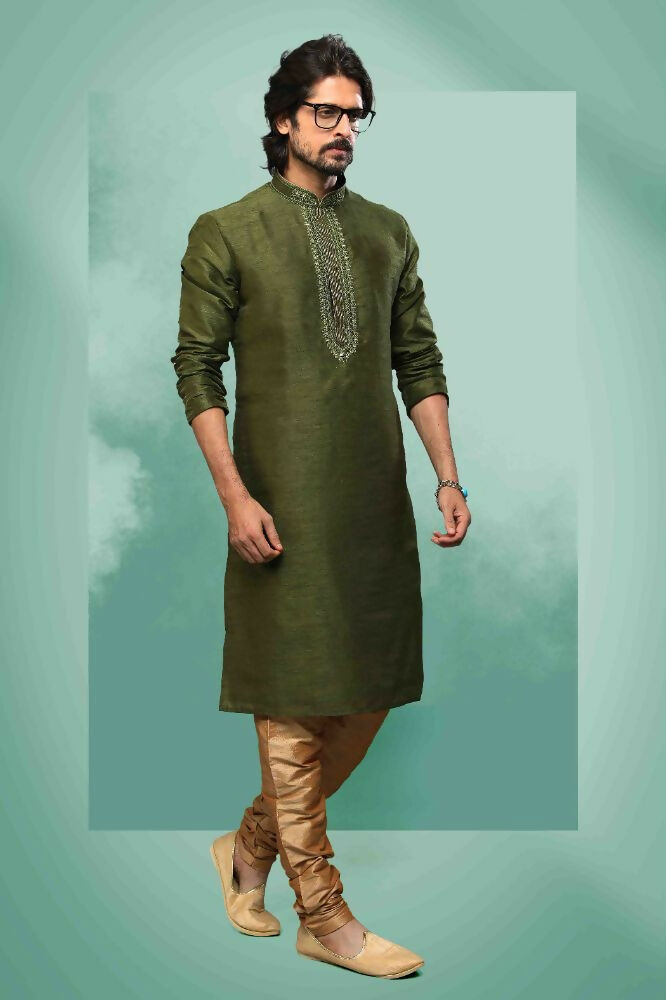 Raivat Ethnic Art Silk Mirror Embroidery Work Kurta Pajama In Green Colour - Dista