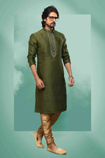 Thumbnail for Raivat Ethnic Art Silk Mirror Embroidery Work Kurta Pajama In Green Colour - Dista