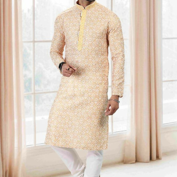 Raivat Ethnic Cotton Thread Work Kurta Pajama In Yellow Colour - Dista