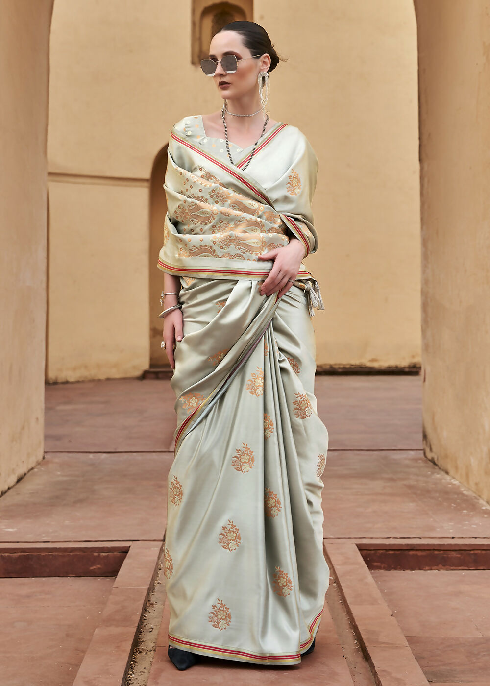 Dusty Grey Pure Satin Zari Weaving Wedding Festive Saree - Emponline - Distacart