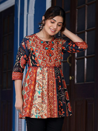 Juniper Women's Multi Colored Ethnic Motif Printed Cotton Peplum Tunic - Distacart