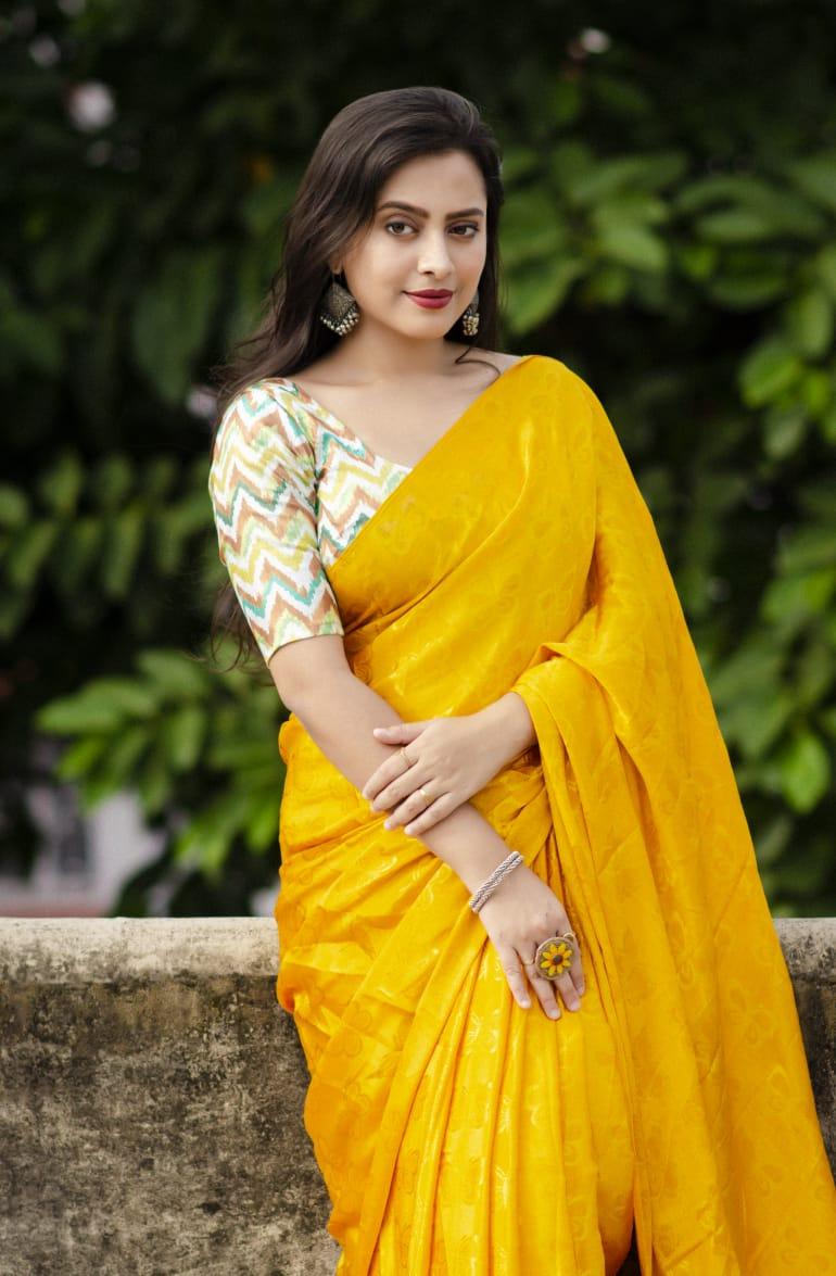 Mustard Silk Blend Ethnic Motifs Saree with Unstitched Blouse - Hiral Fashion - Distacart