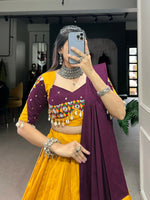 Thumbnail for Vastranavya Navaratri Special Pure Cotton Paper Mirror Handwork With Gamthi Work With Gota Patti Touch Up Lehenga with Stitched Blouse - Mustard - Distacart