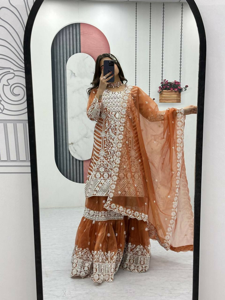 Teeya Creation Womens New Trendy Heavy Embroidery Sequence Work Orange Kurta Set - Dista