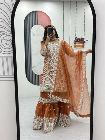 Teeya Creation Womens New Trendy Heavy Embroidery Sequence Work Orange Kurta Set - Dista