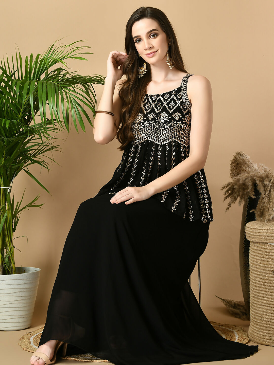 Myshka Women's Black Georgette Top With Skirt Party Sets - Distacart