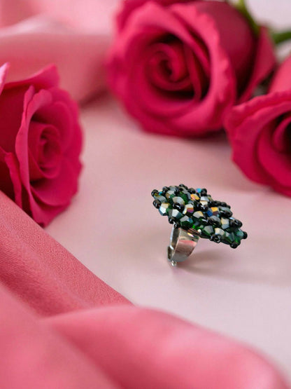 Inhanns Rang-E-Roshan Adjustable Ring – Handmade Crystal Statement Ring - Green Mix - Distacart
