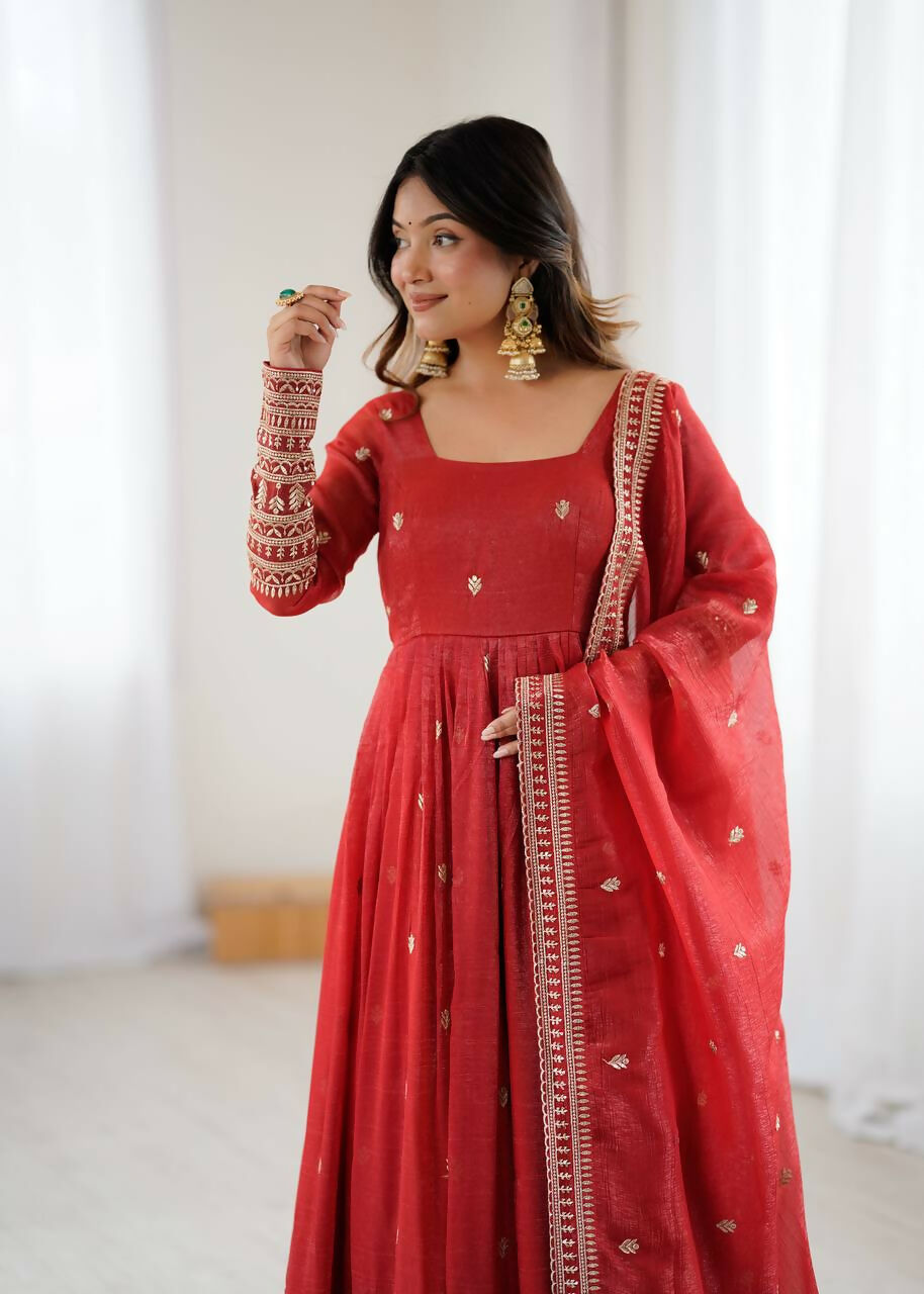 The52 Women's Beautiful Embroidery Work Crunchy Silk Fabric Flared Anarkali and Dupatta Set - Distacart