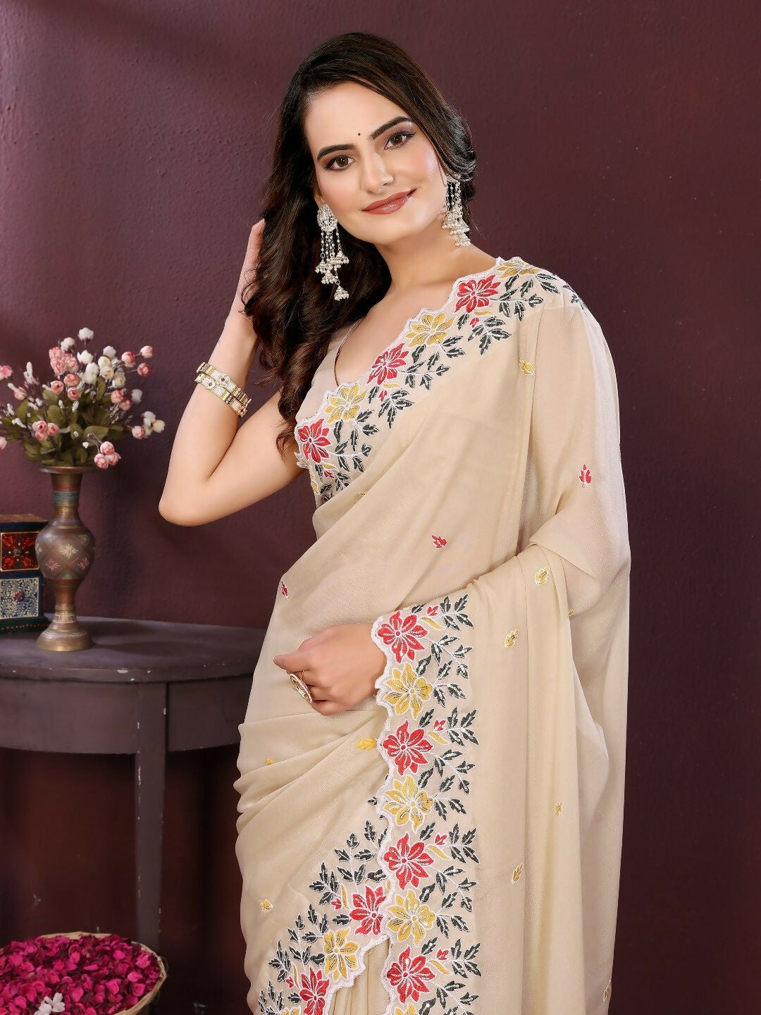 Ai Fashion Peach Soft Star Georgette Embroidery Party Wear Saree