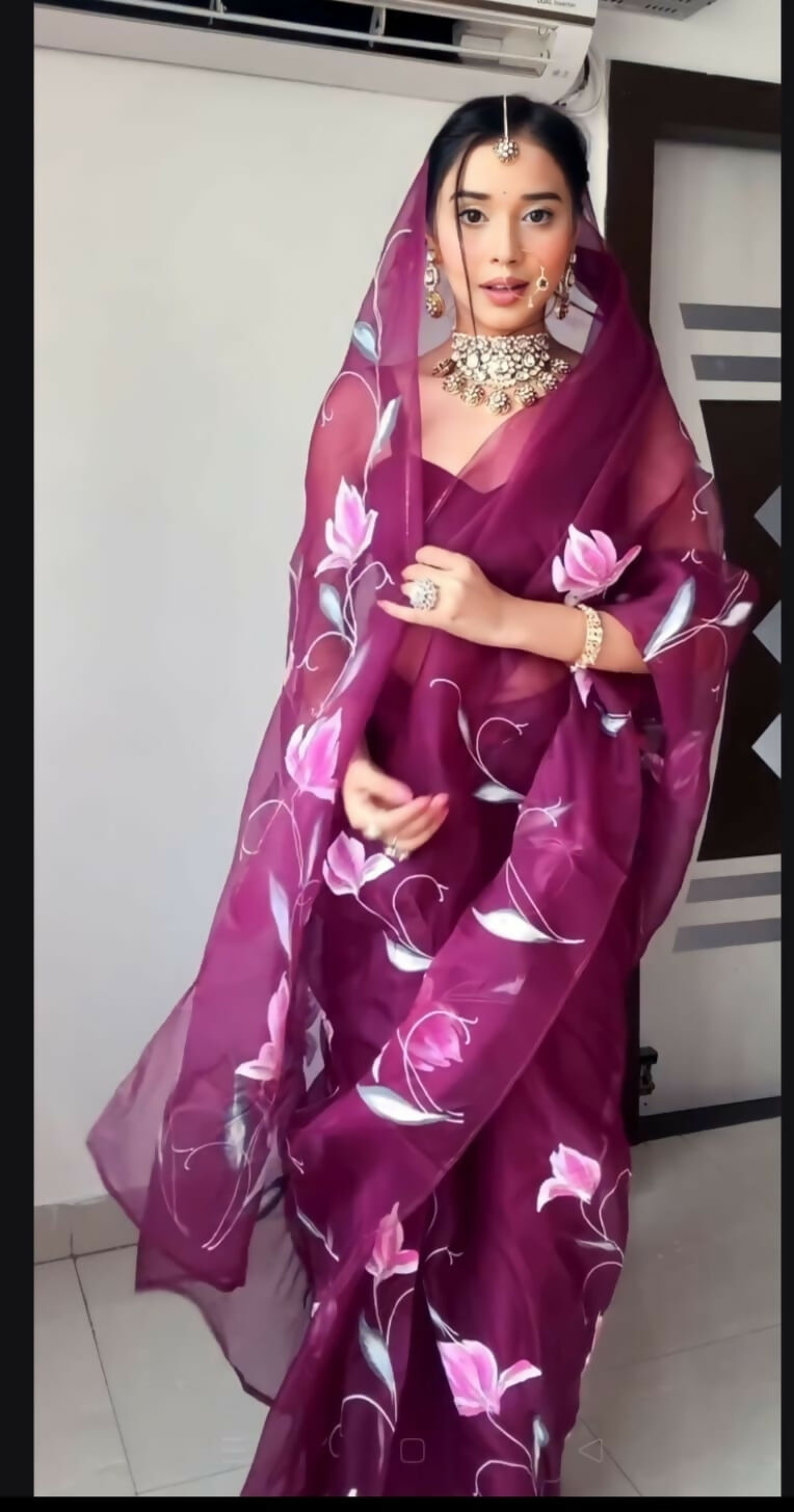 Malishka Organza Silk Embroidery Ready To Wear Saree With Blouse Piece - Wine - Distacart