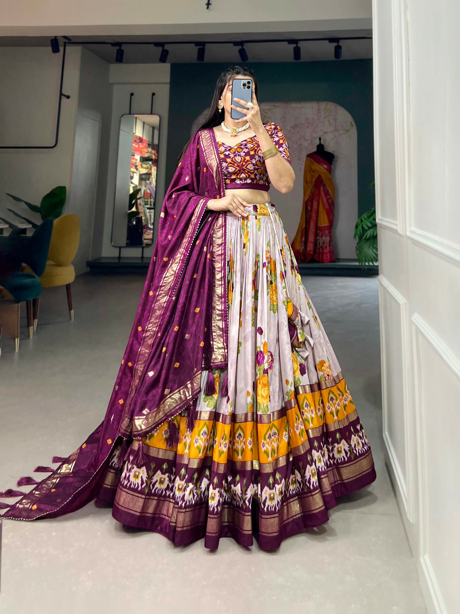 Vastranavya Floral And Patola Print With Foil Work Lehenga with Unstitched Blouse - Wine - Distacart