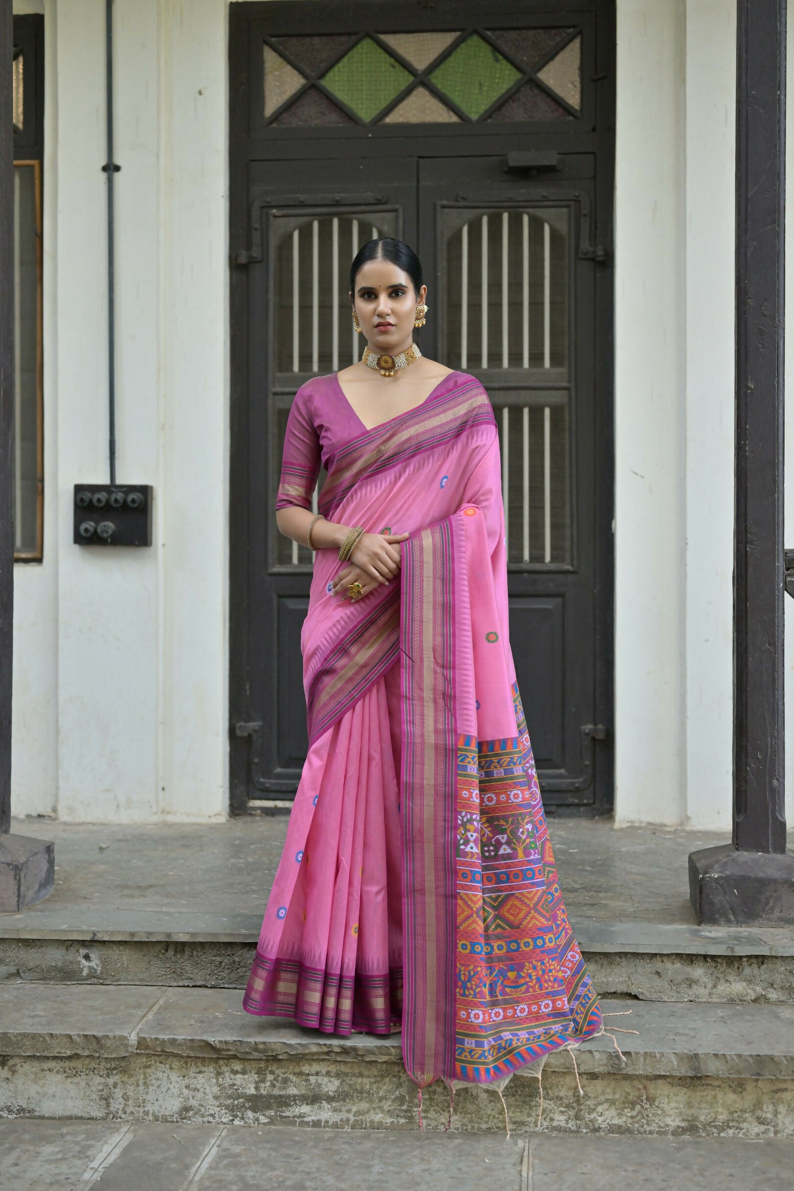 Vishnu Weaves Women's Pink Handloom Raw Silk Saree with Blouse - Distacart