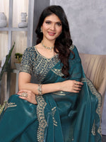 Thumbnail for Vastranavya Teal Embroidery Work Shimmer Chiffon Saree with Unstitched Blouse