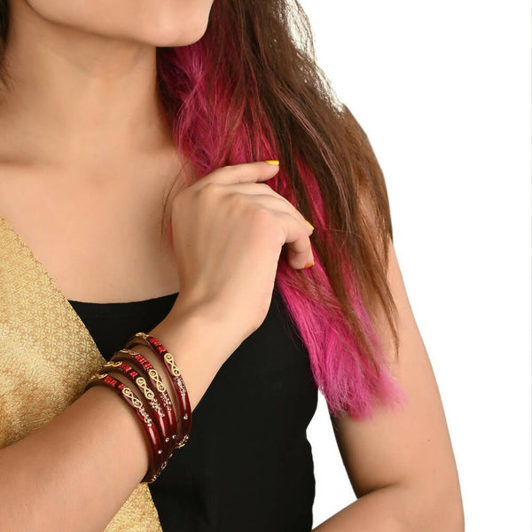 Afast Designer Fancy Party Bangle/ Kada Set, Maroon, Glass, Pack Of 4 - Distacart