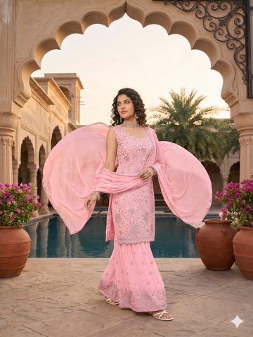 Teeya Creation Womens New Designer Georgette Pink Embroidered Sharara Set With Sequence Work And Lace Border Dupatta - Dista