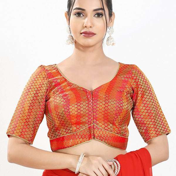 Joban Fashion Red Brocade Padded Blouse With Sweetheart Neck Elbow Sleeves