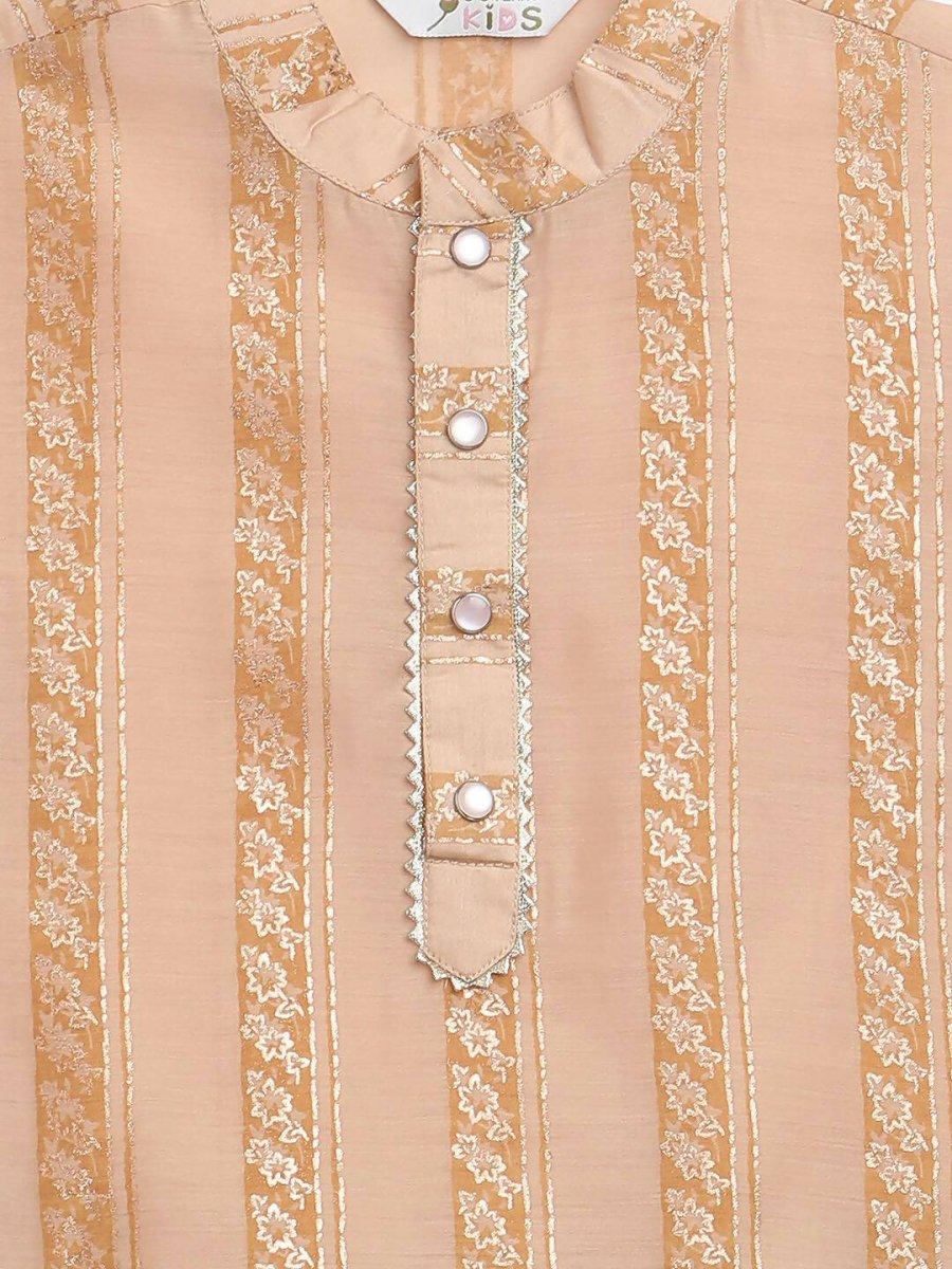 Ahalyaa Beige Chanderi Gold Foil Print Kids Kurta Churidar Set For Boys - Distacart
