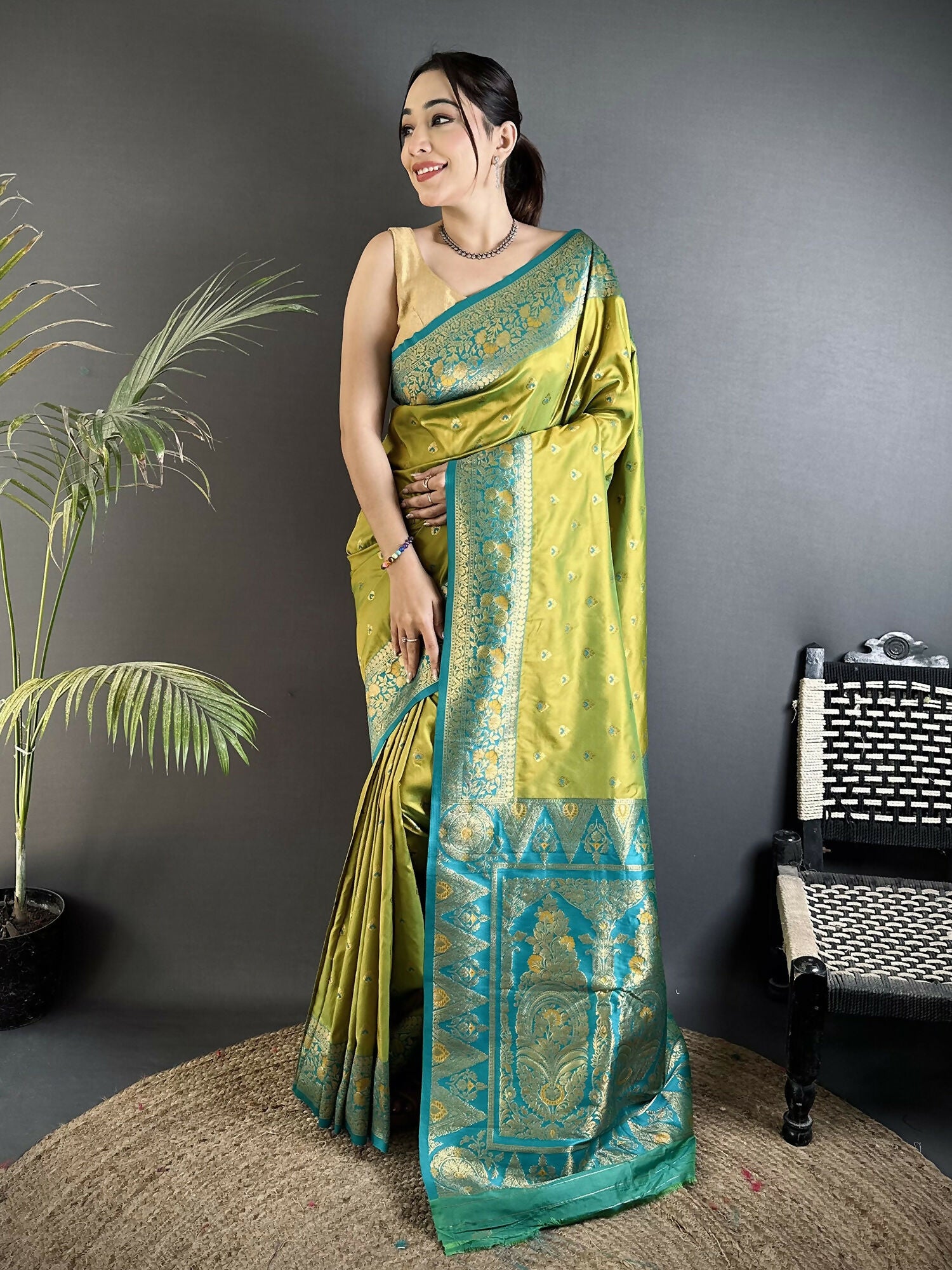 Joban Fashion Pista Green Intricate Motifs Soft Silk Banarasi Saree - Dista