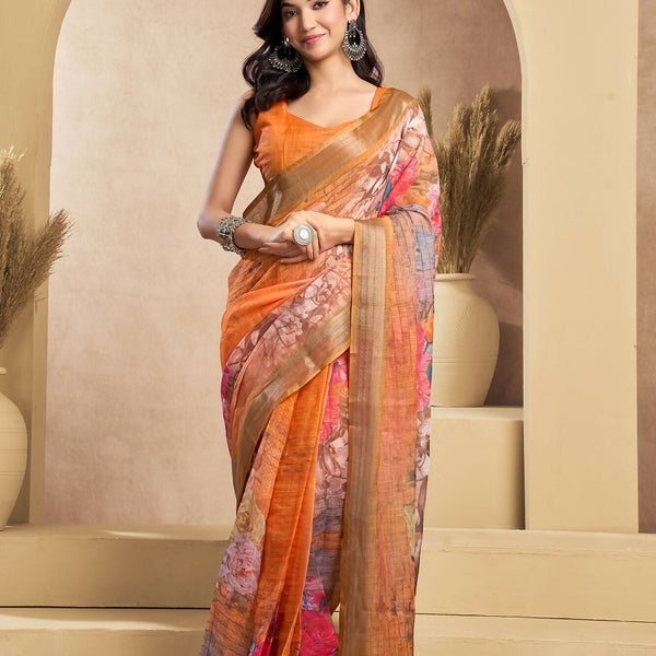 Vastranavya Orange Digital Printed Linen Ready To Wear Designer Saree with Unstitched Blouse - Distacart