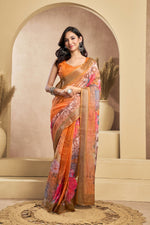 Thumbnail for Vastranavya Orange Digital Printed Linen Ready To Wear Designer Saree with Unstitched Blouse - Distacart