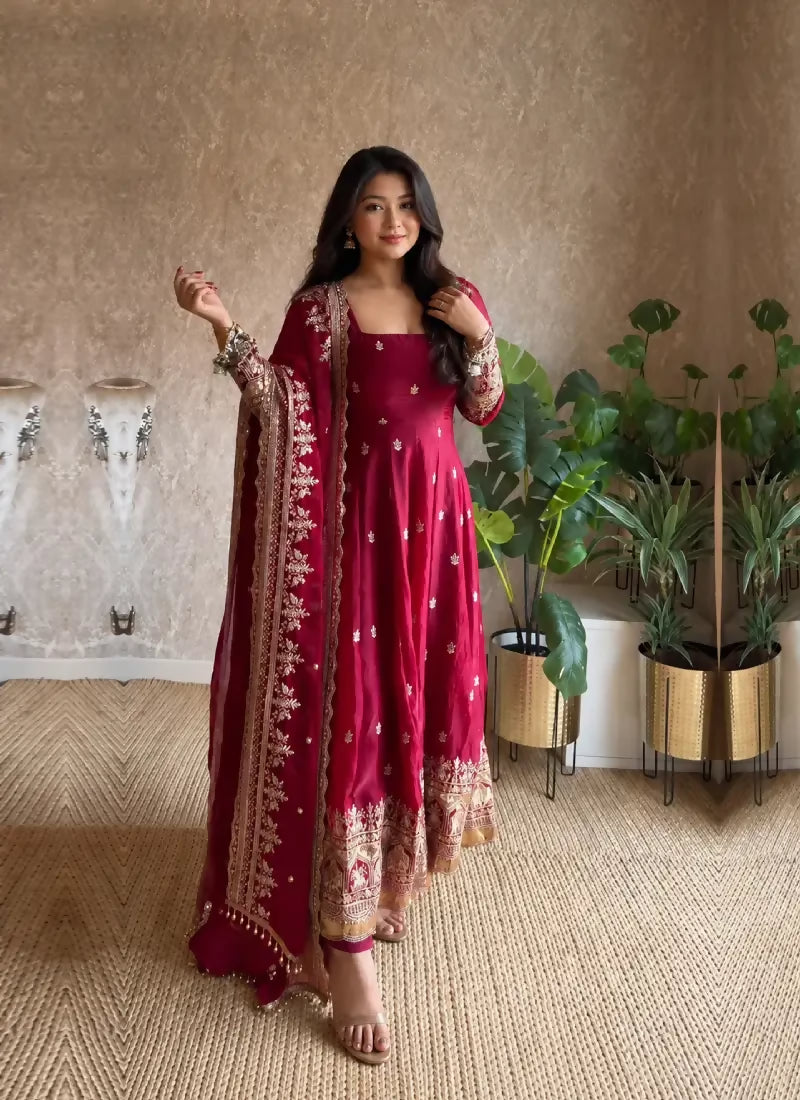 Jihu Culture Women's Dark Cherry Pink Zari Sequence Embroidery Work Anarkali Gown With Dupatta - Dista