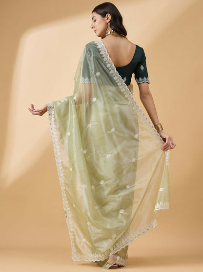 Green Organza Sequence Embroidered Saree with Unstitched Blouse - Satya - Distacart