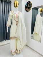 Thumbnail for Teeya Creation Cream Color Chinon Silk Party Wear Trending Palazzo Set - Distacart